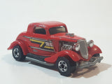 Rare 1987 Hot Wheels 3-Window '34 Red w/ Yellow White Black ZZ Die Cast Toy Car Hot Rod Vehicle