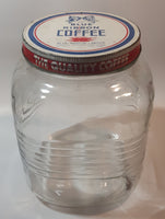 Vintage Blue Ribbon Coffee The Quality Coffee 8" Tall Heavy Ribbed Glass Jar with Metal Lid