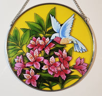 Blue Hummingbird with Pink Flowers 6 1/4" Stained Glass Sun Catcher Window Hanging