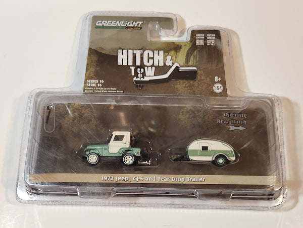 2019 Greenlight Collectibles Series 16 Limited Edition Hitch & Tow 1972 Jeep CJ-5 and Tear Drop Trailer Die Cast Toy Car Vehicle New in Package