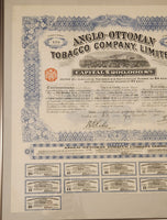 Antique 1913 Anglo-Ottoman Tobacco Company Limited Stock Certificates Bond Shares Framed Paper Sheet