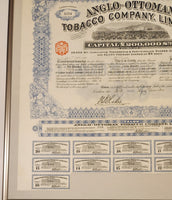 Antique 1913 Anglo-Ottoman Tobacco Company Limited Stock Certificates Bond Shares Framed Paper Sheet