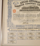 Antique 1913 Anglo-Ottoman Tobacco Company Limited Stock Certificates Bond Shares Framed Paper Sheet