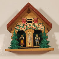 Vintage German Christmas Themed Black Forest Bavarian House Homestead Shaped Wooden and Plastic Thermometer with Man and Woman 5 1/2" Tall