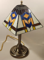 White Blue Art Deco Style 18" Tall Leaded Stained Glass Table Lamp