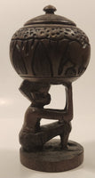 Seated Man Holding Rhinoceros Themed 7 1/2" Hand Carved Wood African Sculpture Trinket Box