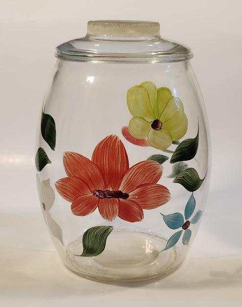 Vintage Bartlett Collins Hand Painted Flowers 9 1/2" Tall Clear Glass Cookie Jar