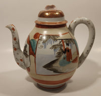 Antique 1920s Kutani Japanese Geisha Flower Decor 7 3/4" Tall Hand Painted Porcelain Teapot