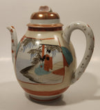 Antique 1920s Kutani Japanese Geisha Flower Decor 7 3/4" Tall Hand Painted Porcelain Teapot