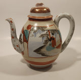 Antique 1920s Kutani Japanese Geisha Flower Decor 7 3/4" Tall Hand Painted Porcelain Teapot