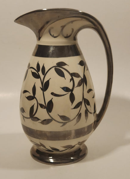 Antique Myott Son &amp; Co 1505F Old Silver Lustre Leaves 7 3/4" Tall Hand Painted Pitcher Jug