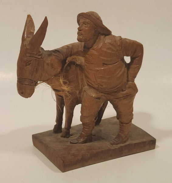 Vintage 1960s Ouro Artesania Sancho Panza No. 574 Man with Donkey Mule Hand Carved Wooden Figurine Made in Spain