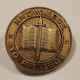 Rare Vintage Knowledge To Protect Book with Sword 3/4" Gold Tone Metal Lapel