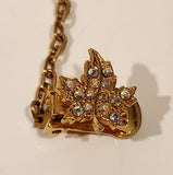 Vintage Sparkling Rhinestone Gold Tone Maple Leaf Double Tie Clip with Chain