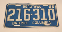 Vintage 1965 Beautiful British Columbia White Letter Light Blue Vehicle Automobile License Plate Tag 216 310