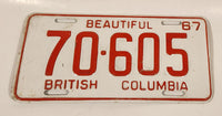 Vintage 1967 Beautiful British Columbia Red Letter White Vehicle Automobile License Plate Tag 70 605