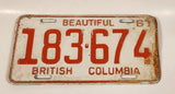 Vintage 1967 Beautiful British Columbia Red Letter White Vehicle Automobile License Plate Tag 183 674