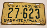 Vintage 1953 Saskatchewan Wheat Province Green Lettering Cream Vehicle License Plate Metal Tag 27 623