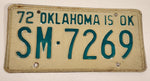 1972 Oklahoma IS OK Green Letters White  Vehicle License Plate Tag SM 7269