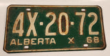 Vintage 1968 Alberta Restricted X White Letters Green Vehicle License Plate Tag 4X 20 72