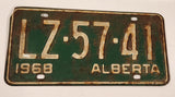 Vintage 1968 Alberta White Letters Green Vehicle License Plate Tag LZ 57 41