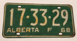 Vintage 1968 Alberta Farm Vehicle White Letters Green Vehicle License Plate Tag 17 33 29