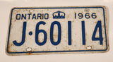 1966 Ontario White with Blue Letters Vehicle License Plate J 60114