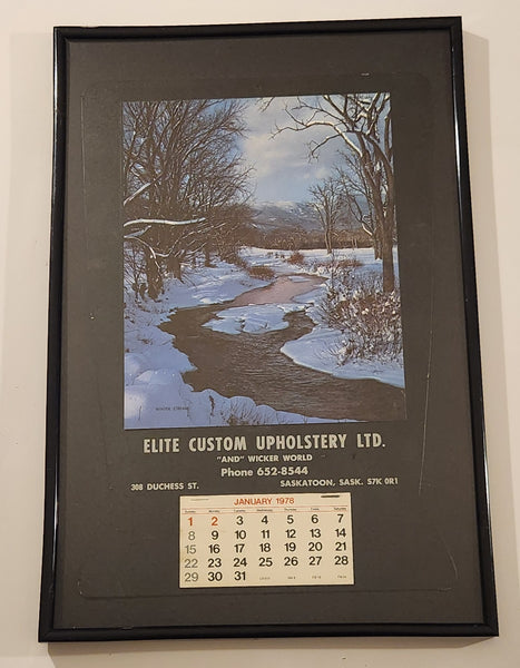 1978 Elite Custom Upholstery Ltd "And" Wicker World Saskatoon, Sask. Calendar on Leather Backing Framed Never Used