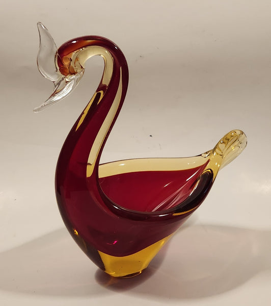 Crowned Crane Swan Bird Blood Red and Amber Art Glass Candy Dish