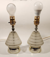 Vintage 1950s MCM Gold Trimmed Frosted Glass 14" Table Lamp Pair