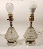 Vintage 1950s MCM Gold Trimmed Frosted Glass 14" Table Lamp Pair