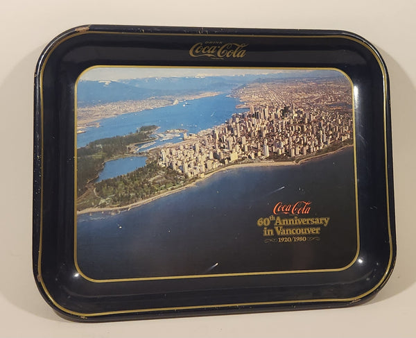 Vintage 1980 60th Anniversary of Coca-Cola in Vancouver 1920-1980 Aerial Shot of Downtown Vancouver and Part of Stanley Park Official Blue Metal Beverage Tray