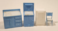 Vintage 1960s Blue and White Kitchen Furniture Miniature Plastic Dollhouse Toys Made in Hong Kong