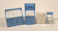 Vintage 1960s Blue and White Kitchen Furniture Miniature Plastic Dollhouse Toys Made in Hong Kong