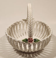 La Huerta Pink Flower White Lattice Work Candy Bowl Dish Hand Made in Manises Spain HAS TWO CRACKS