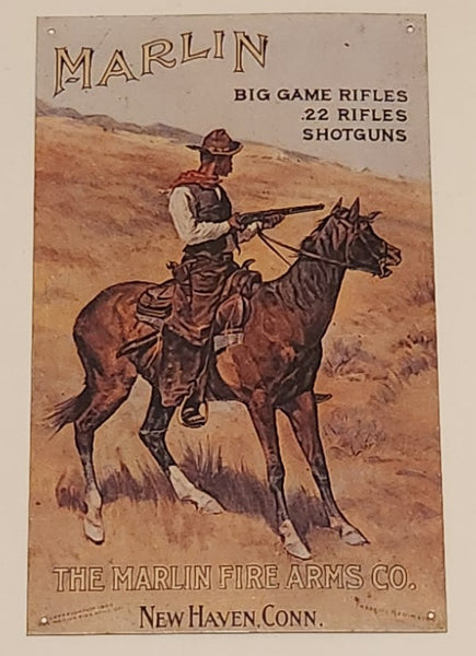The Marlin Fire Arms Co. Marlin Big Game Rifles .22 Rifles Shotgun New Haven Conn. Frederic Remington Tin Metal Sign