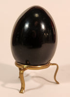Polished Natural Quartz Onyx Black Stone Egg Handmade Collectors Egg on Small Brass Stand