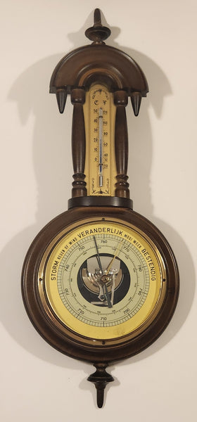 Vintage Barigo Style Dutch Ornate Spire Top Wood Cased Wall Thermometer Barometer Weather Station Made in Germany