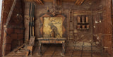 Antique Handmade Wooden Carved Folk Art Hunting Cabin Deer Guns Diorama Wall Display 3D Shadow Box