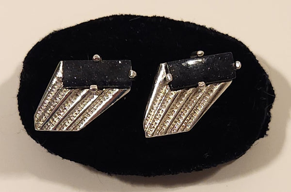 Vintage Sparkling Galaxy Sandstone Gem Art Deco Wings Silver Tone Cufflinks