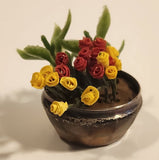 Antique Sterling Red and Yellow Plastic Flowers in Sterling Silver Flower Pot Dollhouse Sized Miniature Toy