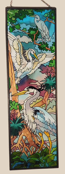 Highly Detailed Joan Baker Designs Blue Heron Birds 5" x 16" Metal Framed Hand Painted Stained Glass Window Suncatcher