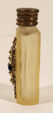 Antique Czech Jeweled Ornate Gold Design with Blue Stone Frosted White Glass Miniature 2 1/4" Perfume Bottle