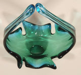Vintage Chalet Lorraine Style Blue and Green 9" Basket Art Glass Candy Dish