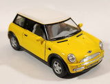 Kinsmart New Mini Cooper Yellow with White Roof Pull Back 1/28 Scale Die Cast Toy Car Vehicle with Opening Doors