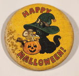 1979 Hallmark Cards Happy Halloween! Black Cat with Mouse in Jack-O-Lantern 2 1/4" Thin Fabric Covered Round Button Pin