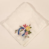 Vintage 1950s Blue Horse Shoes with Yellow and Pink Flowers White Thin Cloth Handkerchief