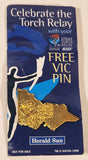 1998 SOCOG Herald Sun Sydney Australia 2000 Olympic Torch Relay AMP Victoria Shaped Gold Tone Metal Lapel Pin New on Card