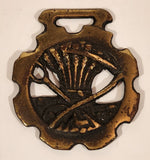 Antique Grain Sickle Wheat Sheaf Harvest Themed Horse Brass Medallion 2 7/8" x 3 1/4"
