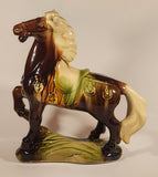 Vintage Chinese Tang Dynasty Brown War Horse with White Mane with Saddle and Medallions Glazed 12 3/4" Ceramic Figurine